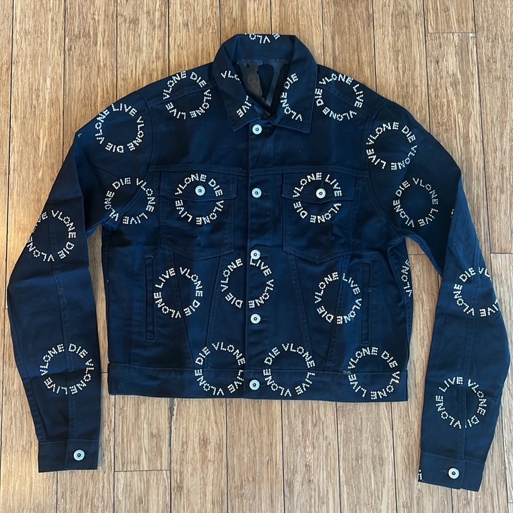 Vlone Black Denim Jacket w/ White Rhinestones. Size Medium and XL. Brand new.